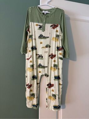 Angel Dear Green Striped & Cream Tractor Print Romper